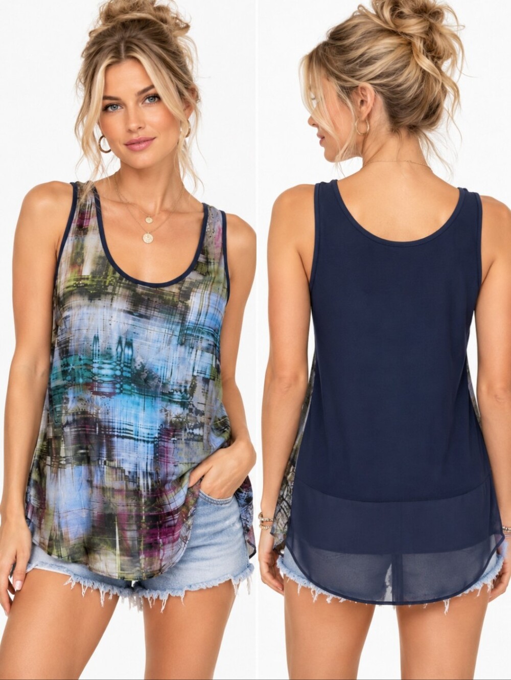 New Blue Silk Tank Top Lola & Sophia navy print chiffon  sleeveless  NWT sz XS.